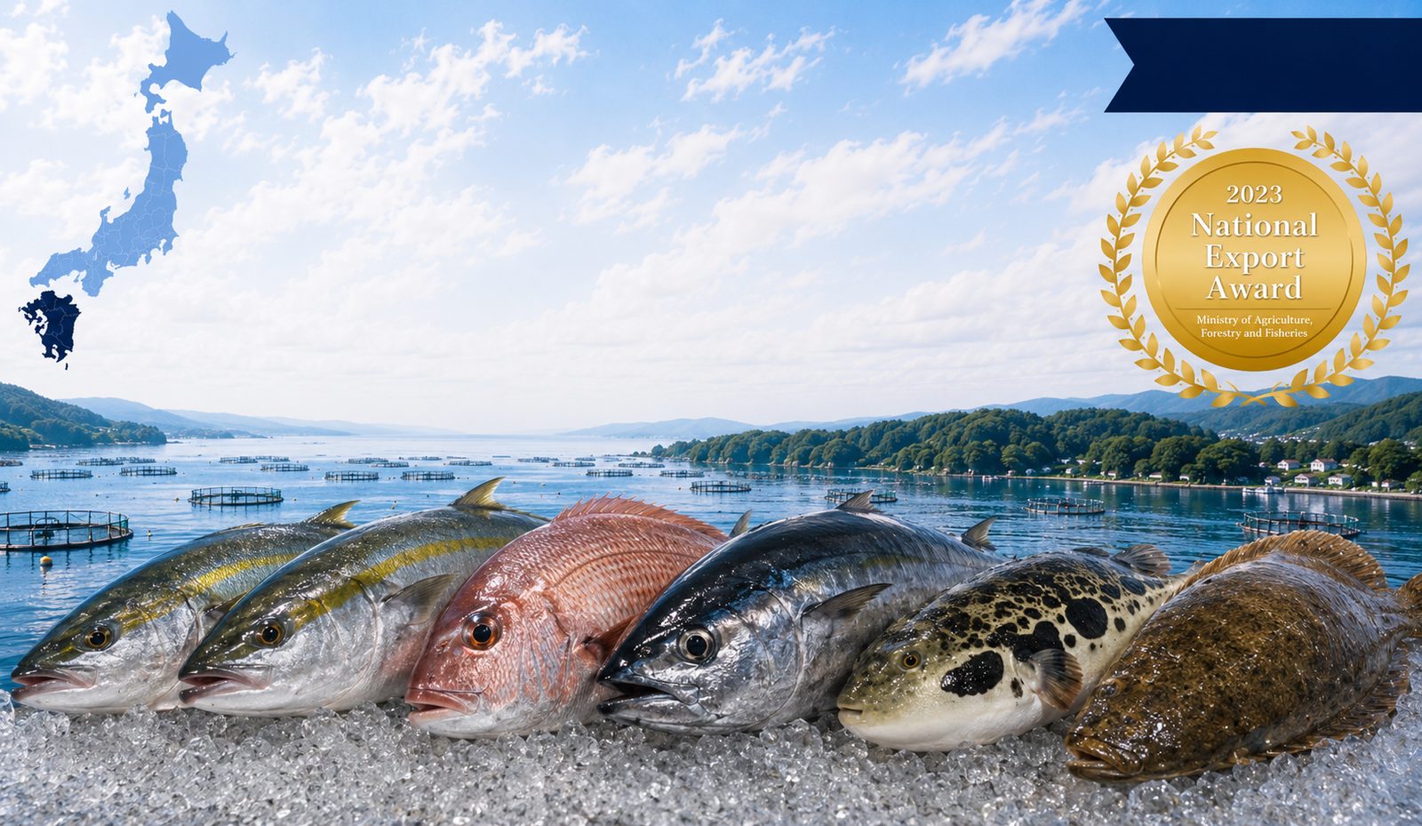 Six fresh farmed Kyushu fish on crushed ice in front of an aquaculture bay